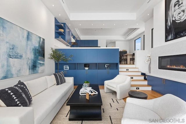 living room featuring light hardwood / wood-style flooring and a raised ceiling