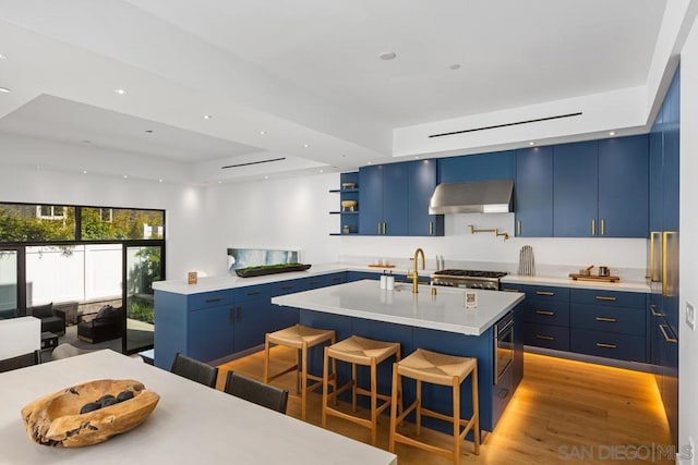 kitchen with a kitchen island with sink, extractor fan, a kitchen breakfast bar, and blue cabinets