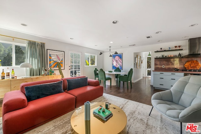 living room featuring dark wood-type flooring