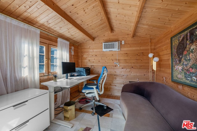 office area with wood ceiling, wood walls, and vaulted ceiling with beams