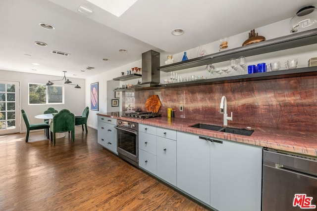 kitchen with sink, stainless steel appliances, island range hood, dark hardwood / wood-style flooring, and decorative backsplash