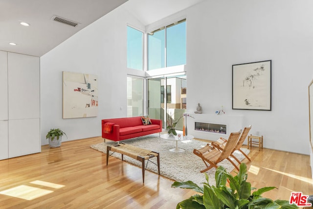 living room with a towering ceiling, plenty of natural light, and wood-type flooring