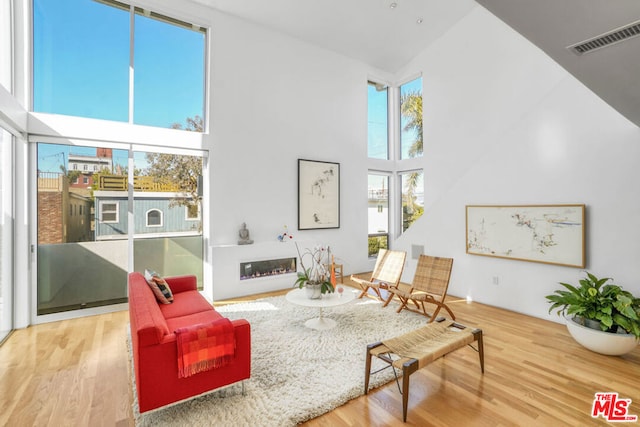 living area with a high ceiling and wood-type flooring