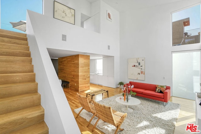 living room featuring hardwood / wood-style flooring and a towering ceiling