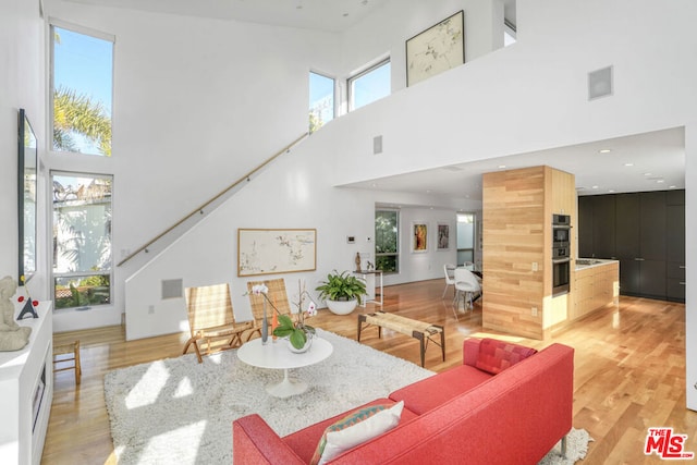 living room featuring a towering ceiling and light hardwood / wood-style floors