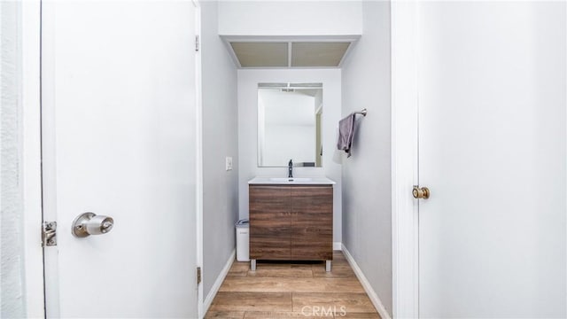 bathroom with hardwood / wood-style flooring and vanity