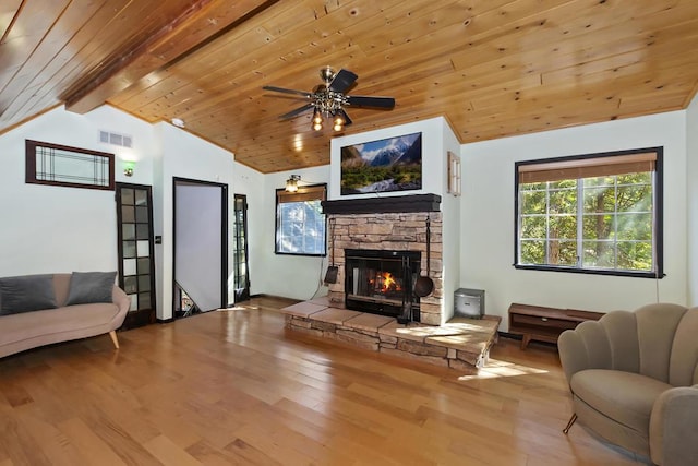 living room with a fireplace, lofted ceiling with beams, hardwood / wood-style flooring, ceiling fan, and wooden ceiling