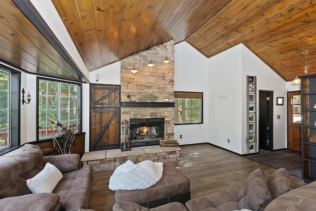 living room with wood-type flooring, high vaulted ceiling, a fireplace, and wood ceiling