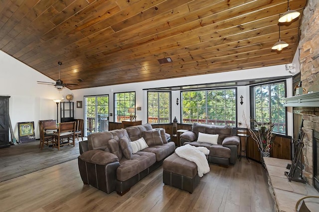 living room with high vaulted ceiling, wooden ceiling, ceiling fan, a fireplace, and hardwood / wood-style floors