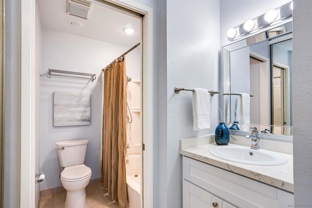 full bathroom with vanity, toilet, tile patterned flooring, and shower / bath combo with shower curtain