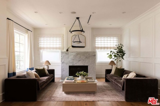 living room with hardwood / wood-style floors and a high end fireplace