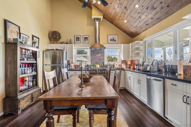 kitchen with wood ceiling, dark wood-type flooring, stainless steel appliances, and white cabinets