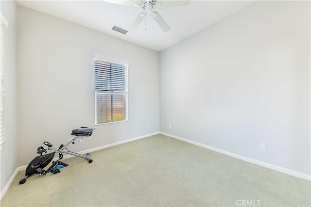 9431 Hughes Dr, Corona, CA 92883 - workout area with carpet, visible vents, ceiling fan, and baseboards