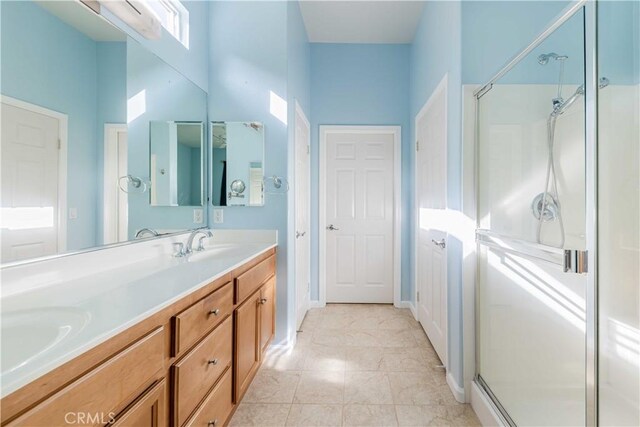 9431 Hughes Dr, Corona, CA 92883 - bathroom featuring a stall shower, a sink, baseboards, and double vanity