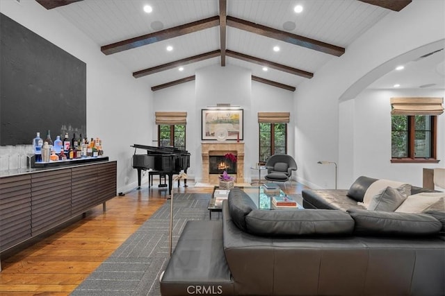 living room featuring a tile fireplace, a healthy amount of sunlight, high vaulted ceiling, and light hardwood / wood-style flooring