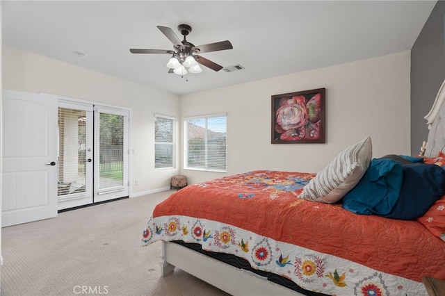 carpeted bedroom with access to exterior and ceiling fan