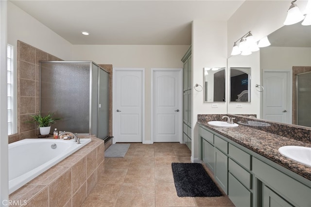 bathroom with vanity, separate shower and tub, and tile patterned floors