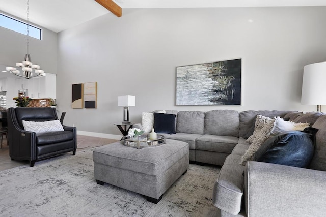 living room featuring high vaulted ceiling, a chandelier, tile patterned floors, and beam ceiling