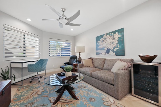 living room featuring wine cooler and ceiling fan