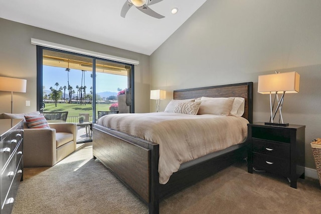 bedroom with access to outside, high vaulted ceiling, ceiling fan, and carpet flooring