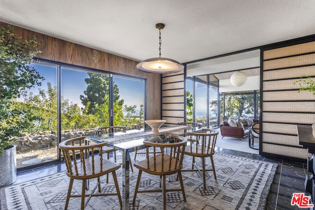 dining area with a textured ceiling and wood walls