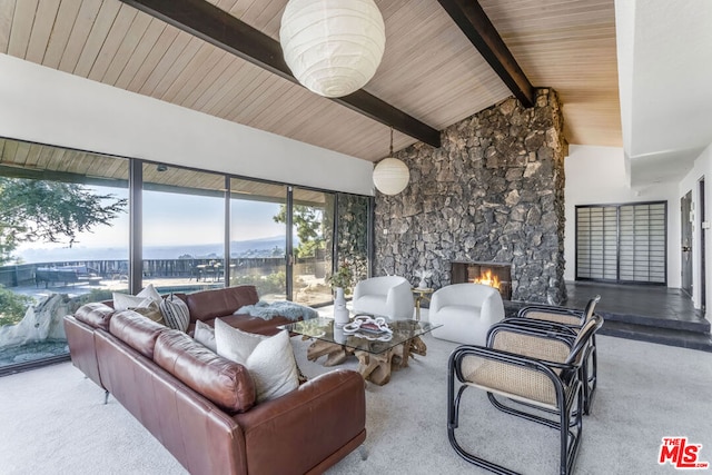 living room with high vaulted ceiling, carpet flooring, a fireplace, wooden ceiling, and beamed ceiling