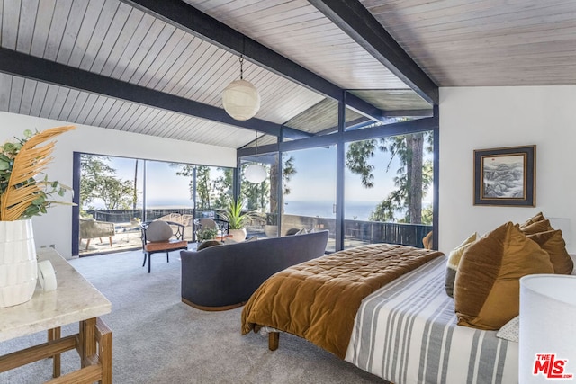 carpeted bedroom featuring lofted ceiling with beams, a water view, access to exterior, and wood ceiling