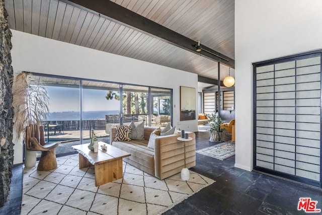 living room featuring beamed ceiling and wooden ceiling