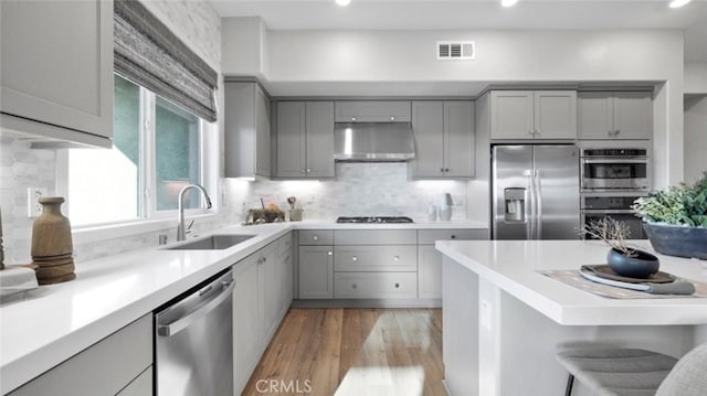 kitchen with appliances with stainless steel finishes, sink, gray cabinetry, wall chimney range hood, and light hardwood / wood-style flooring