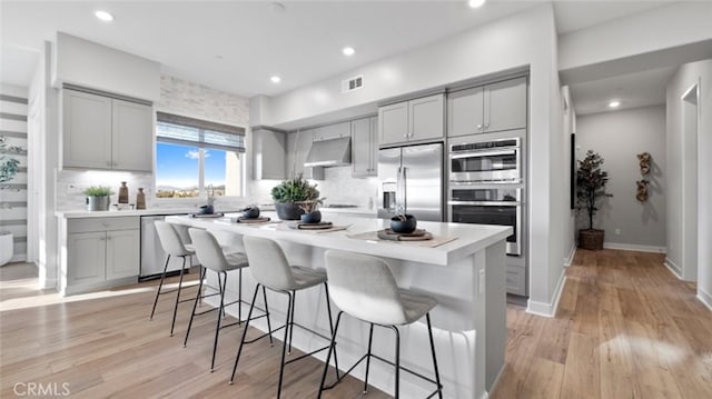 kitchen with gray cabinets, a center island, and appliances with stainless steel finishes