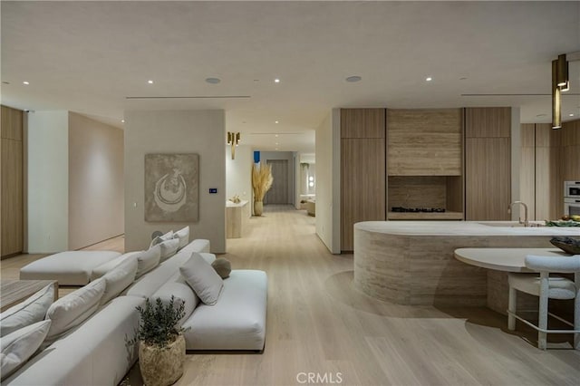 interior space with sink and light hardwood / wood-style floors