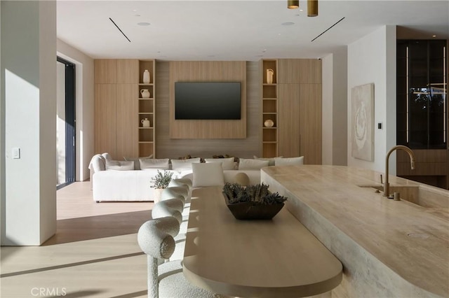 living room with hardwood / wood-style flooring and sink