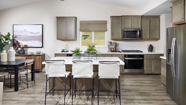 kitchen featuring lofted ceiling, stainless steel appliances, a center island, and light hardwood / wood-style flooring