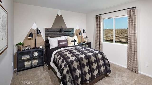 bedroom with light colored carpet