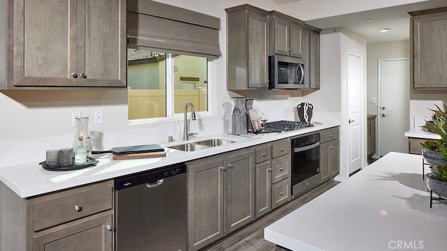 kitchen featuring appliances with stainless steel finishes, dark hardwood / wood-style floors, and sink