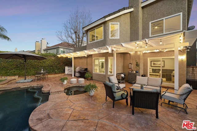 patio terrace at dusk with a fenced in pool, an outdoor hangout area, grilling area, and a pergola