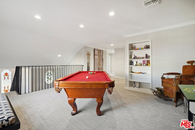 recreation room with built in shelves, lofted ceiling, pool table, ornamental molding, and carpet flooring