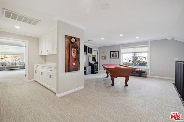 rec room featuring crown molding, lofted ceiling, light carpet, and pool table