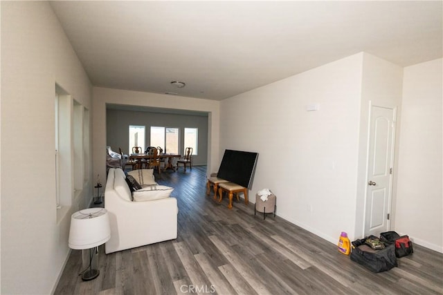 living room with dark hardwood / wood-style flooring