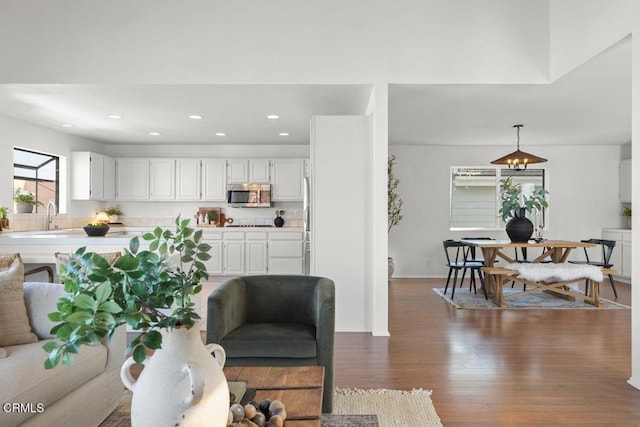 living room with dark hardwood / wood-style floors and sink