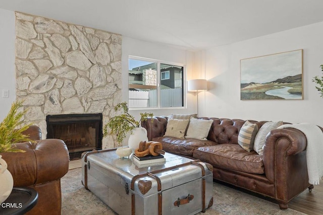 living room featuring a fireplace and light wood-type flooring