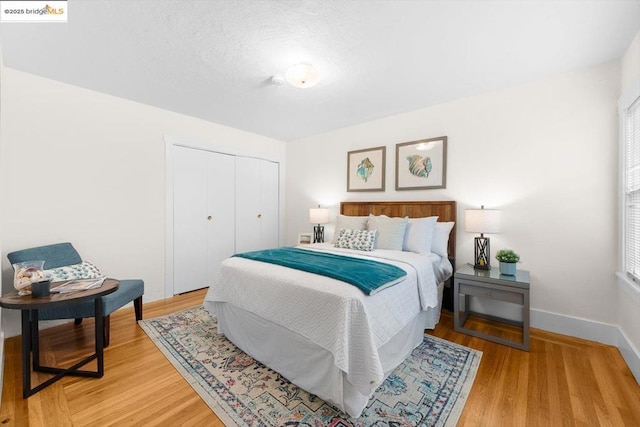 bedroom featuring wood-type flooring and a closet