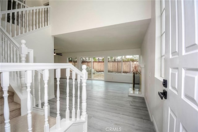 stairs with hardwood / wood-style flooring and ceiling fan