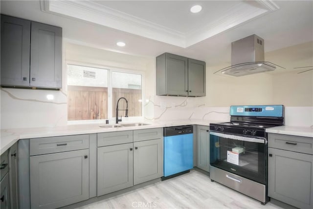 kitchen with sink, gray cabinets, stainless steel appliances, a tray ceiling, and island exhaust hood