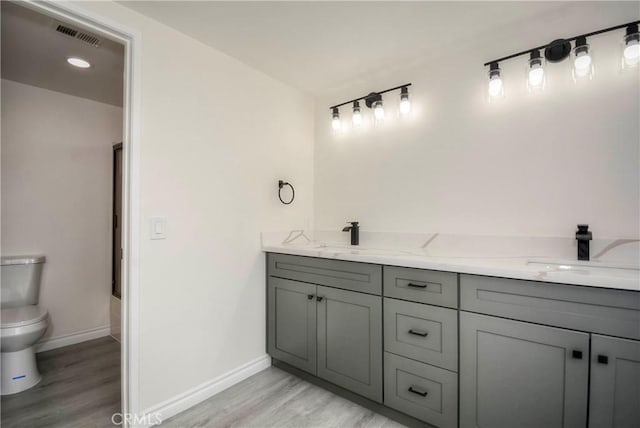 bathroom featuring vanity, wood-type flooring, and toilet