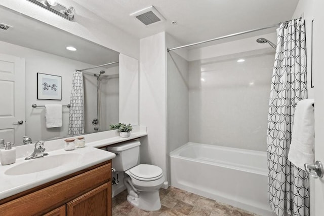 full bathroom featuring vanity, toilet, and shower / bathtub combination with curtain