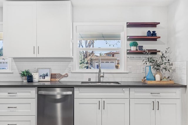 kitchen featuring sink, backsplash, stainless steel dishwasher, and white cabinets