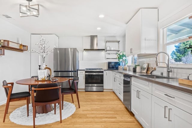 kitchen featuring sink, white cabinets, decorative backsplash, stainless steel appliances, and wall chimney exhaust hood