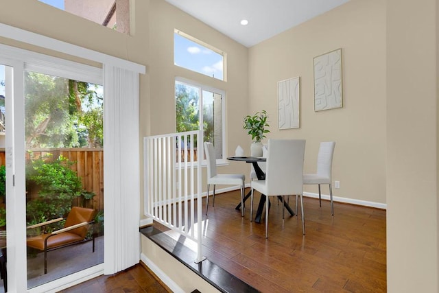 dining space with dark hardwood / wood-style flooring