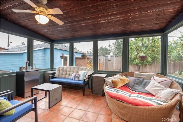 sunroom / solarium featuring ceiling fan and wood ceiling